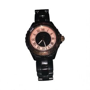 Vicence Swiss 14k Solid Rose Gold Bezel Black Ceramic Quartz Watch Gemstones